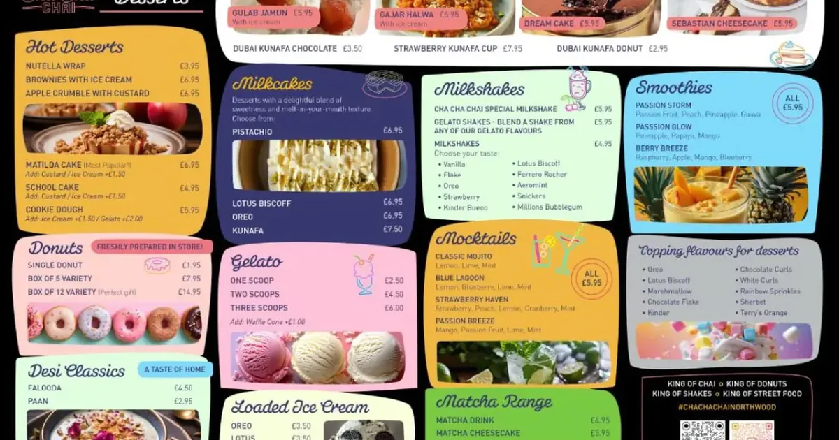 The Cha Cha Chai dessert menu board, with gulab jamun and gajar halwa among the customer favourites and a desi classics section