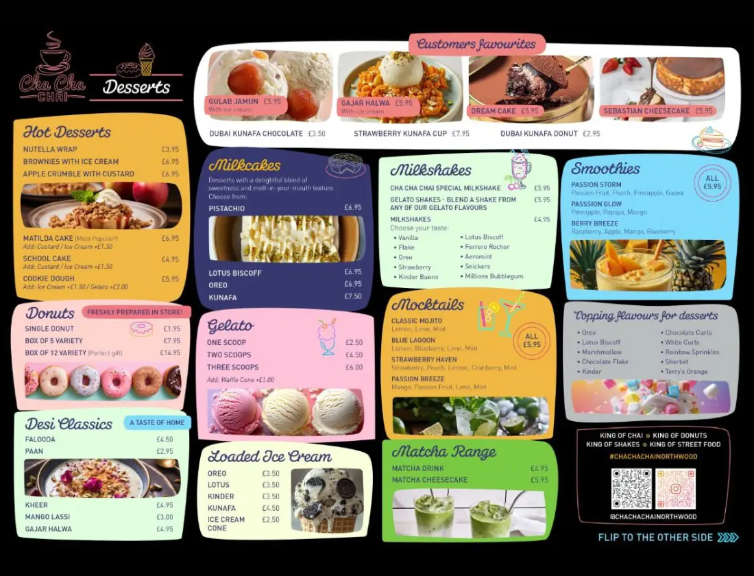The Cha Cha Chai dessert menu board