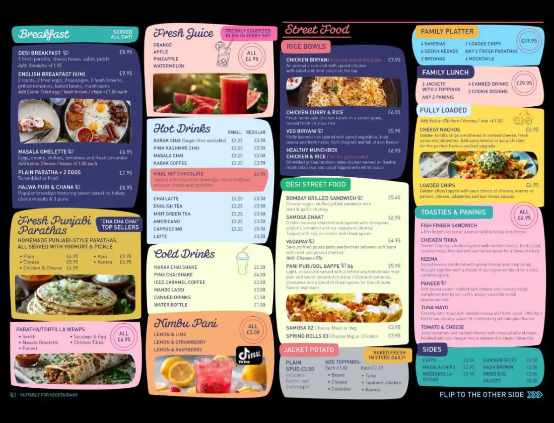 The Cha Cha Chai food menu board